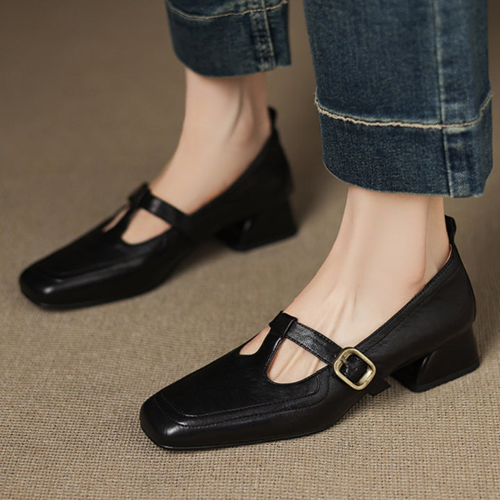 Brela Genuine Leather T-strap Heels