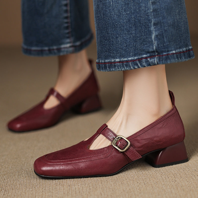 Brela Genuine Leather T-strap Heels