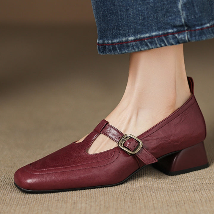 Brela Genuine Leather T-strap Heels