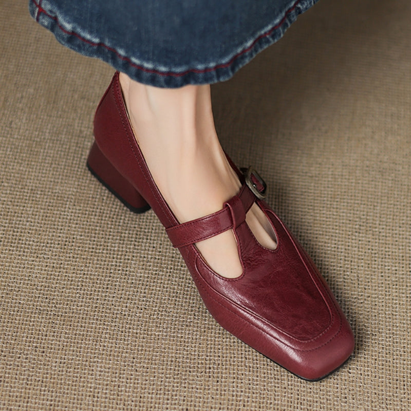 Brela Genuine Leather T-strap Heels
