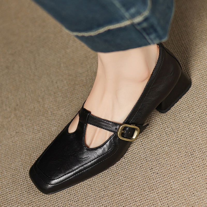 Brela Genuine Leather T-strap Heels