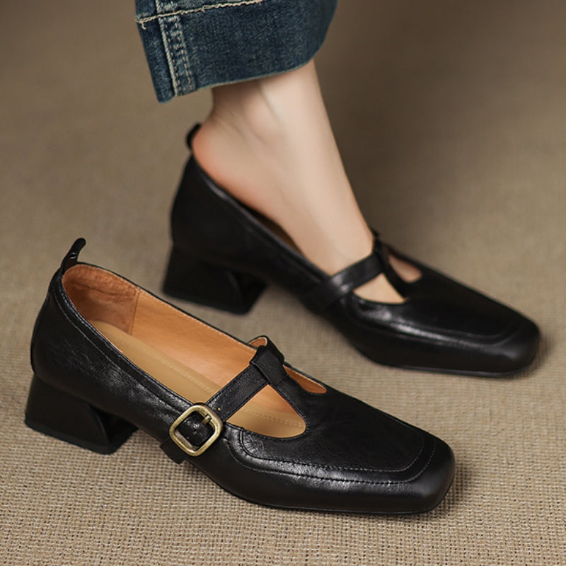 Brela Genuine Leather T-strap Heels