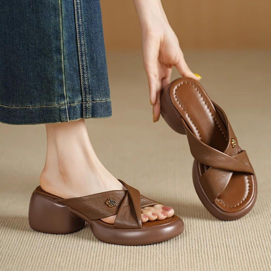 Elin Genuine Leather Open-Toe Mules